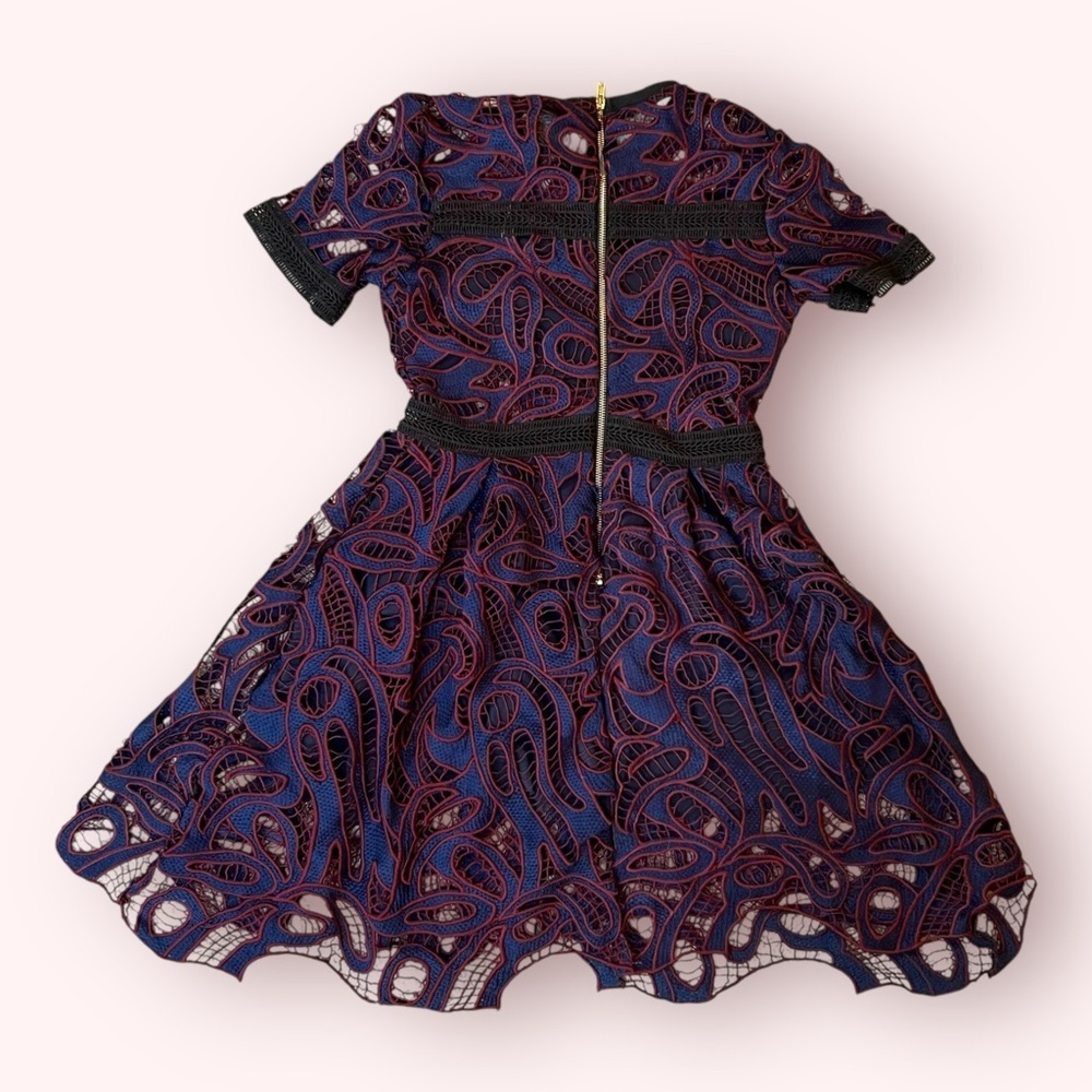 HAUTE ROGUE Cutout Asymmetrical Purple Black Lace Flared Mini Dress Women's M - Picture 5 of 6